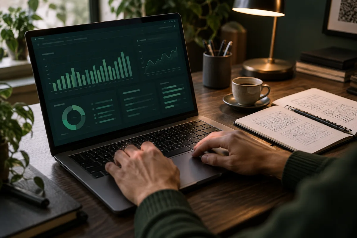 Cena ilustrativa de planejamento digital, com um notebook de análise de dados e esboços de interface.